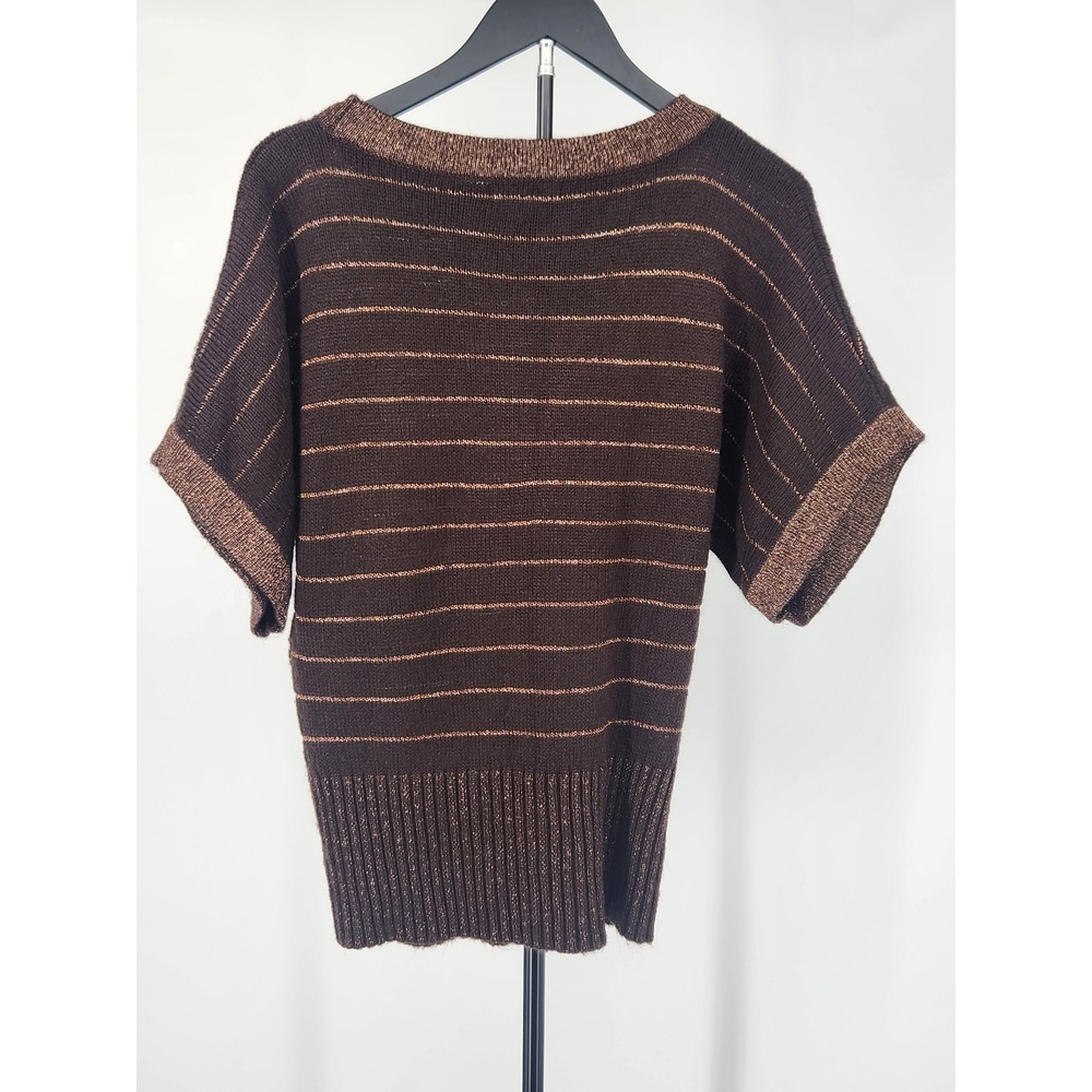 Style & Co Womens Brown Metallic Striped Short Sleeve Sweater Crew Neck Small - Picture 5 of 9